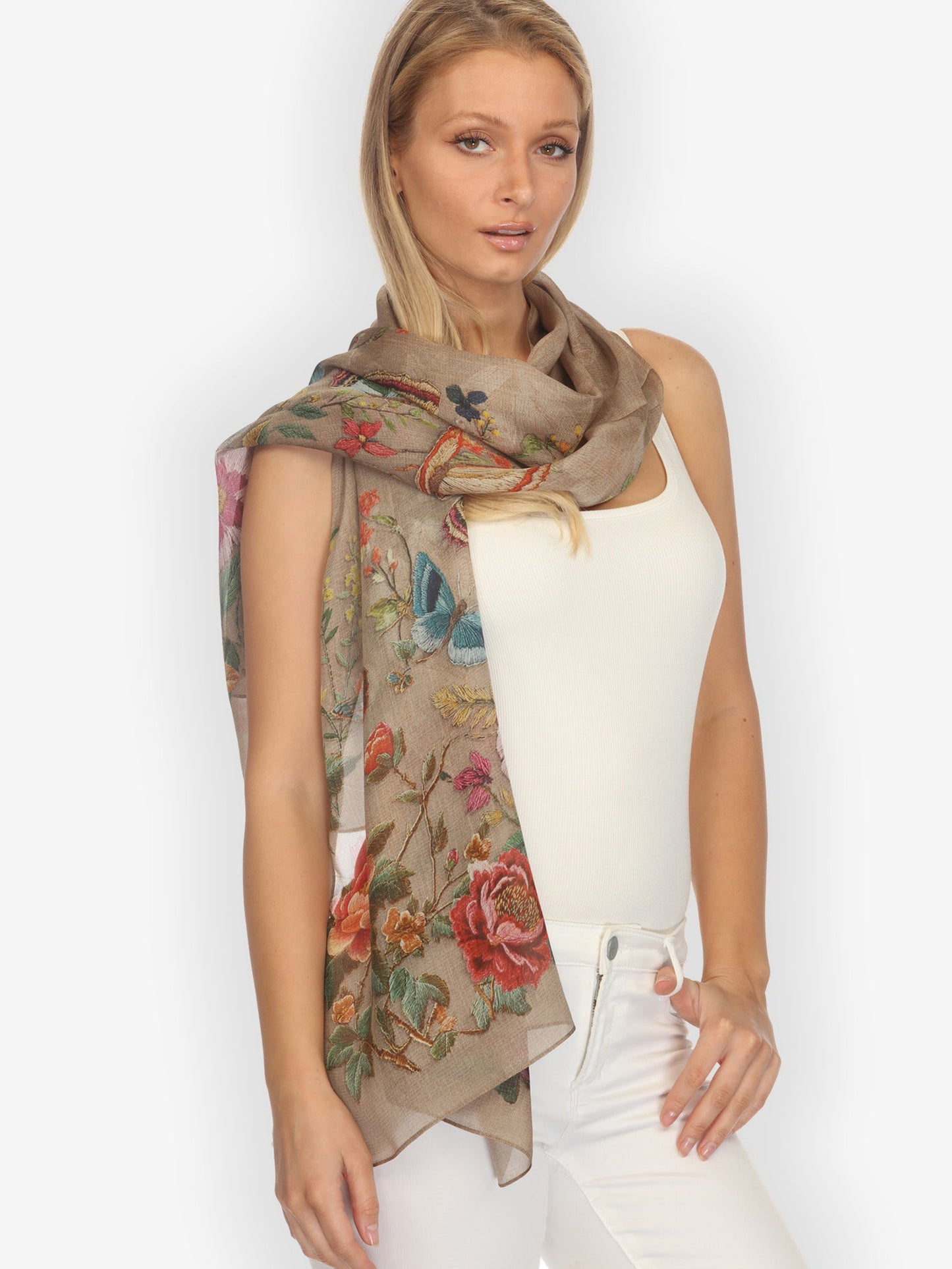 Silk Scarf Embroidery Butterflies and Flowers Scarf