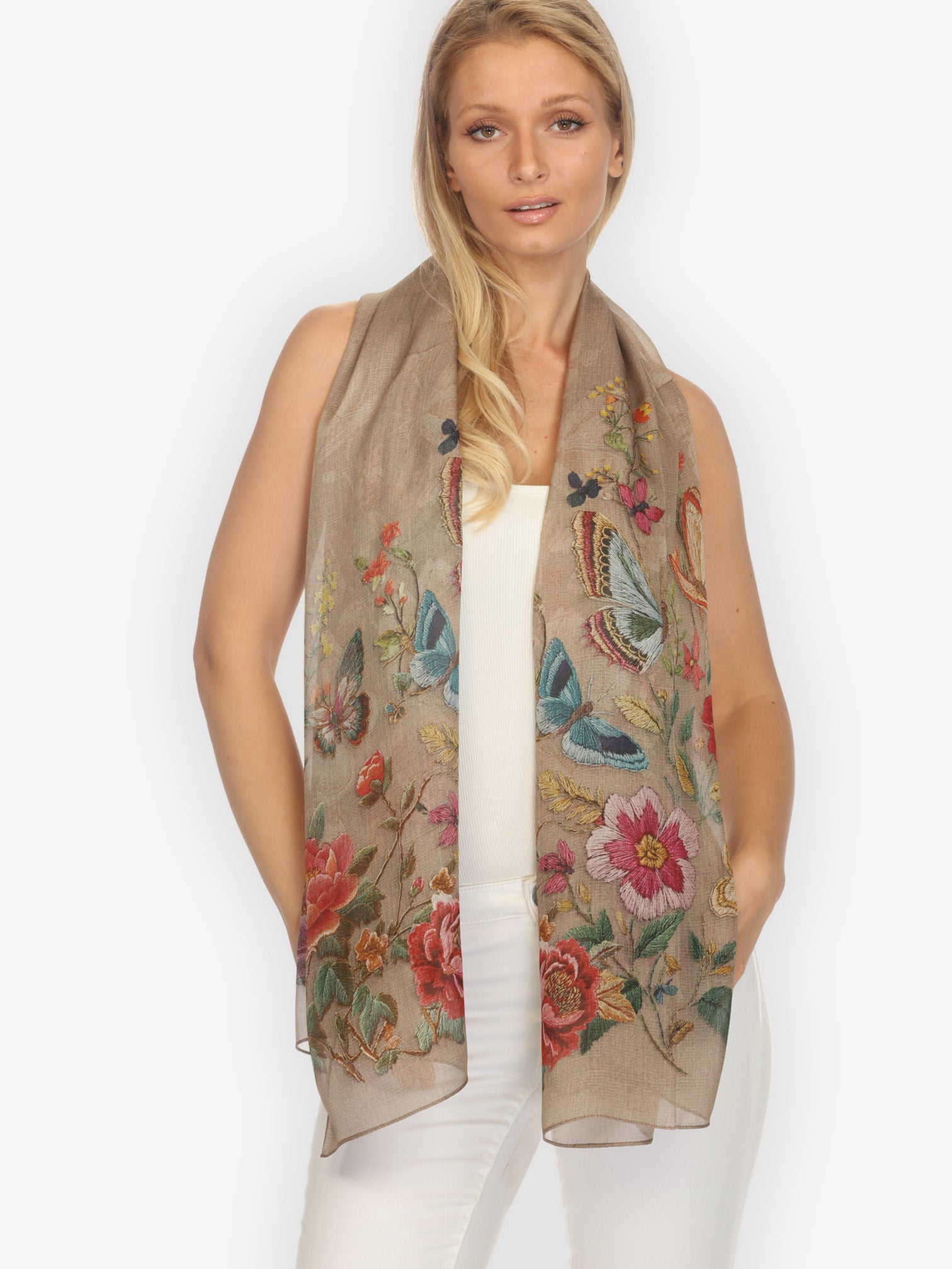 Silk Scarf Embroidery Butterflies and Flowers Scarf