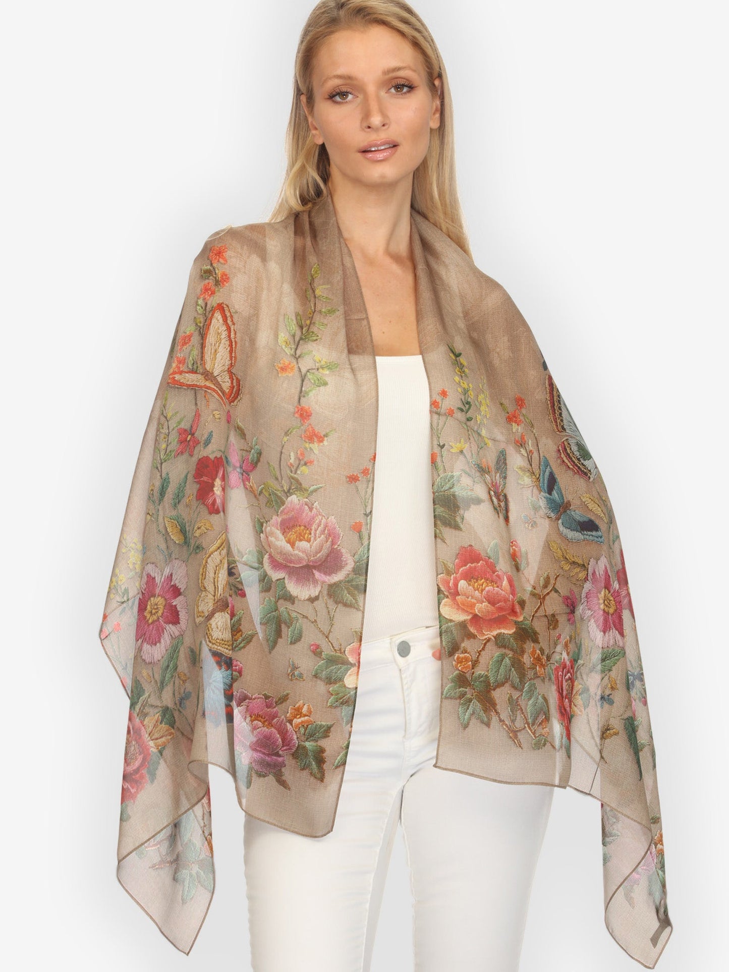 Silk Scarf Embroidery Butterflies and Flowers Scarf