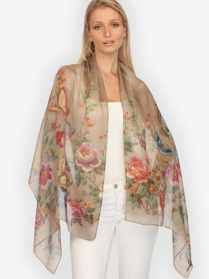 Silk Scarf Embroidery Butterflies and Flowers Scarf