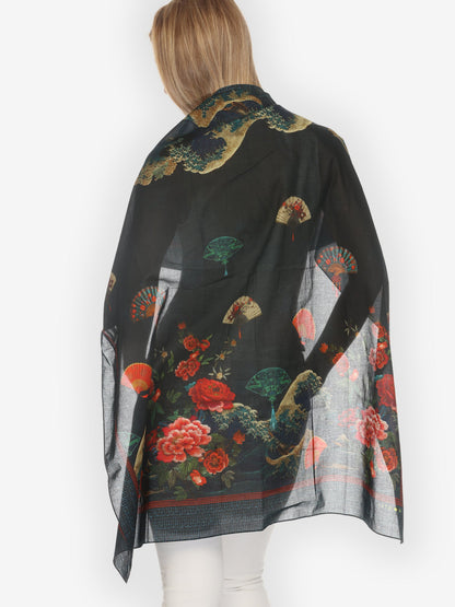 Cotton Scarf Waves Fans Flowers in Black Scarf