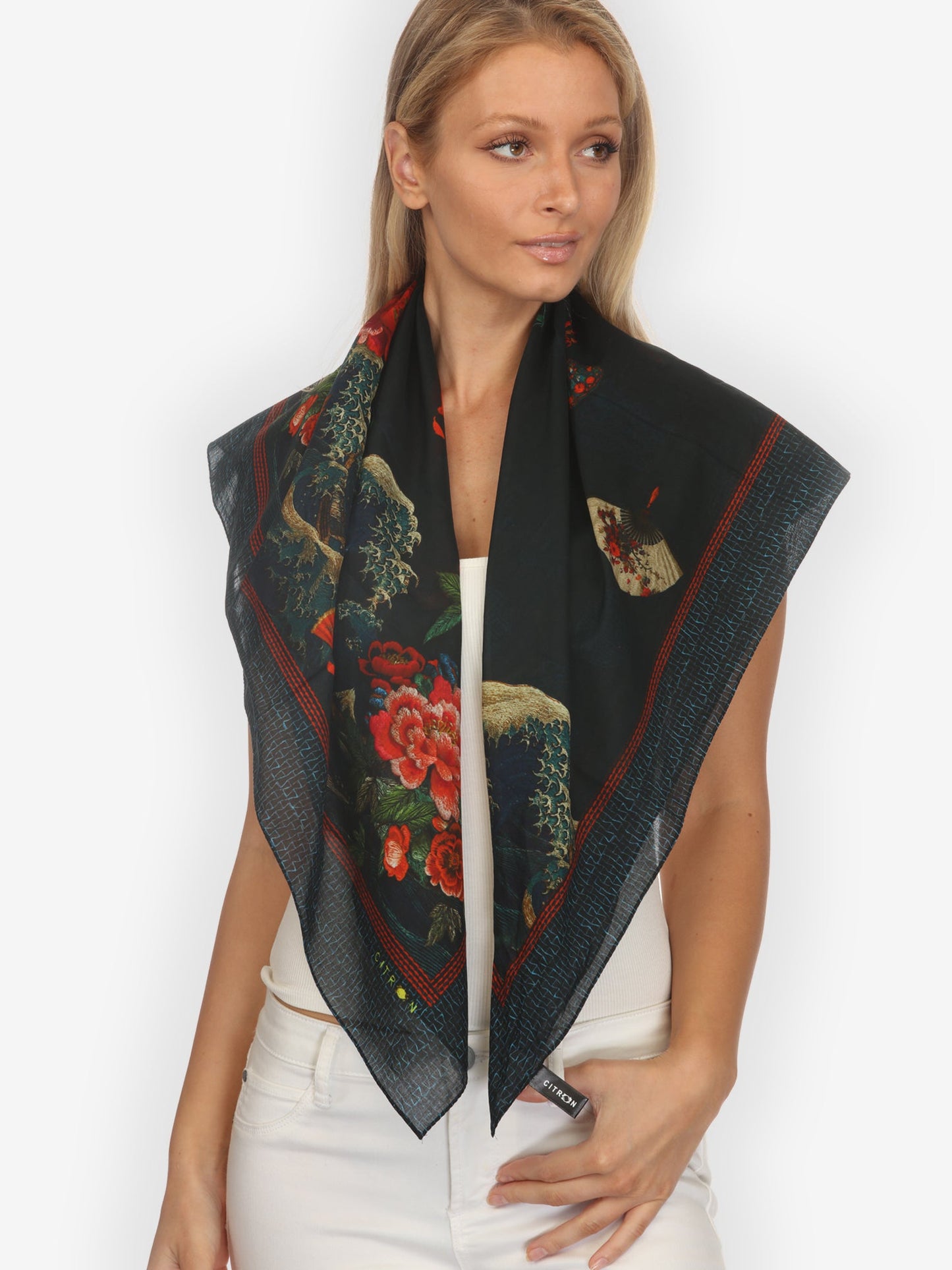 Cotton Scarf Waves Fans Flowers in Black Scarf