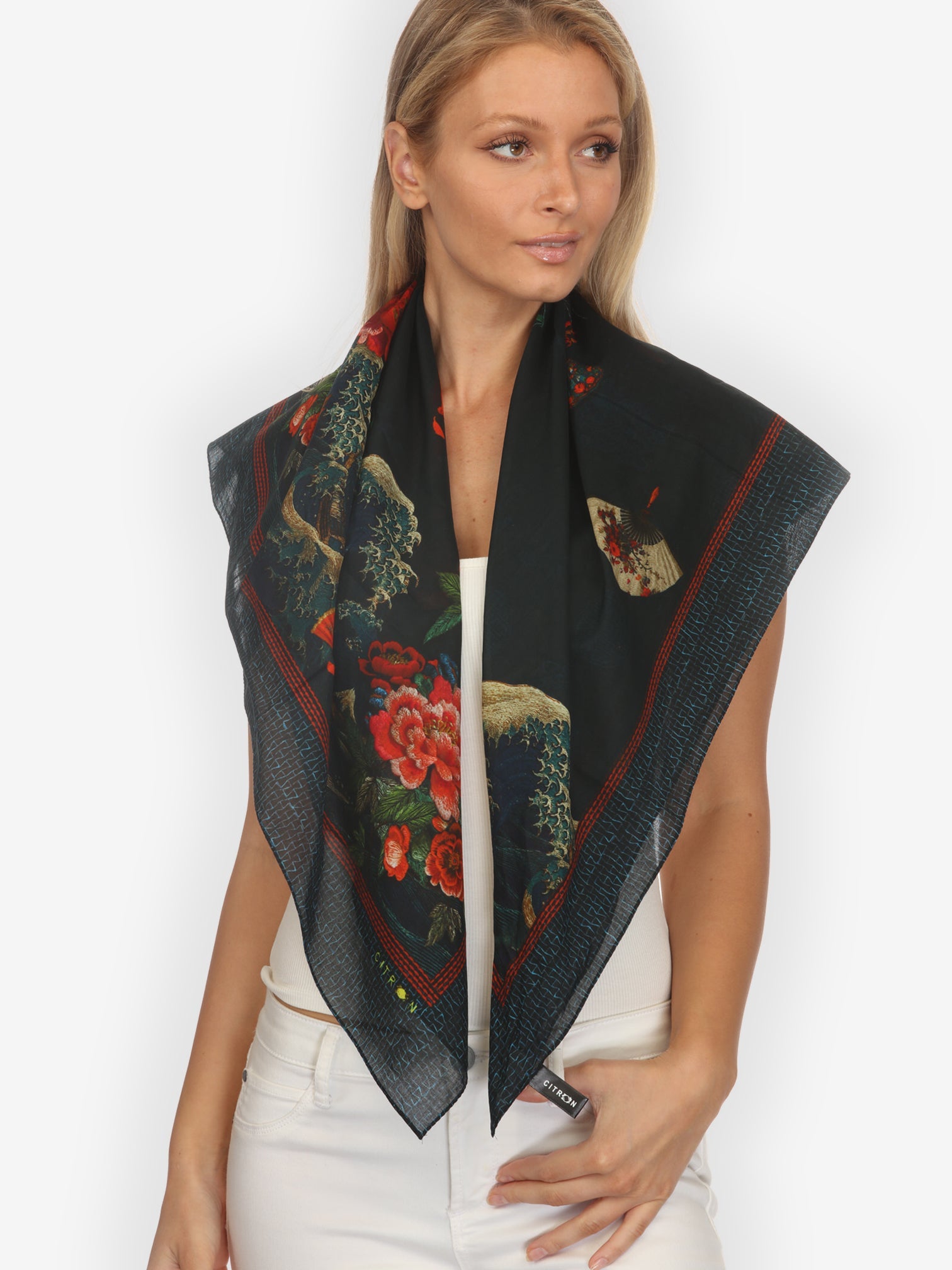 Cotton Scarf Waves Fans Flowers in Black Scarf