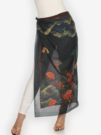 Cotton Scarf Waves Fans Flowers in Black Scarf