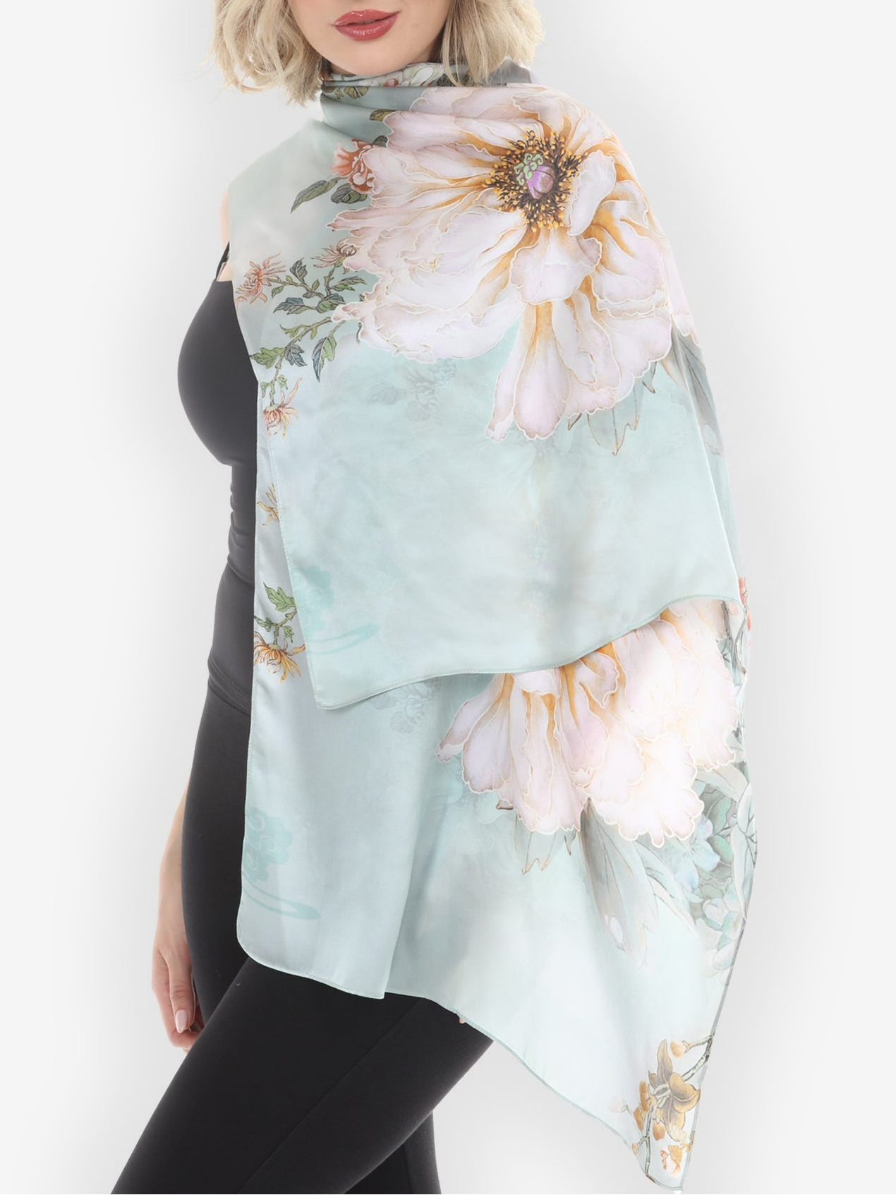 Peony Floral Mint Green Silk Scarf