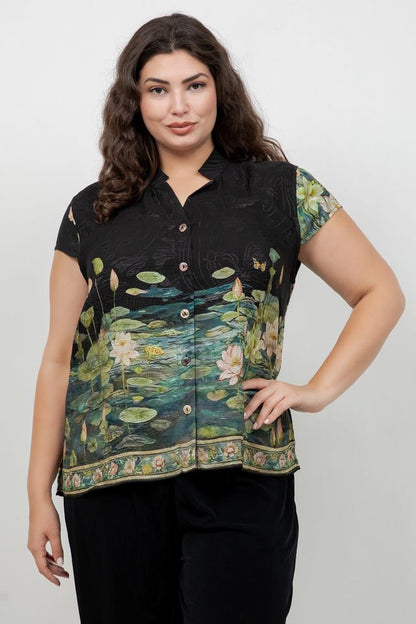 Peaceful Lotus Pond Silk Cap Sleeve Blouse