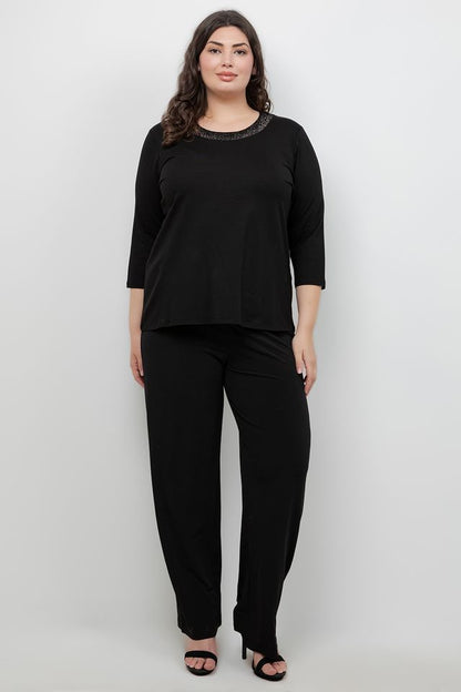 Tops Round Neck Sparkle 3/4 Sleeve Top