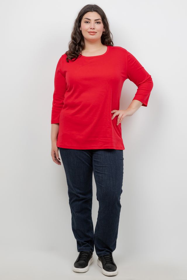 Tops Red Cotton 3/4 Sleeve Tee