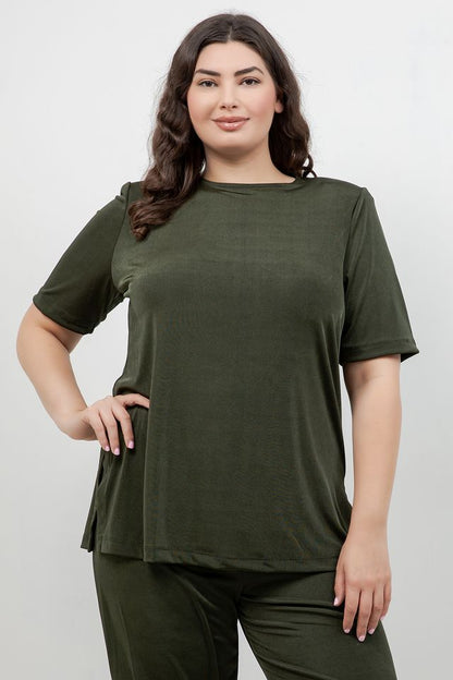 Tops Vikki Vi Silky Classic Olive Short Sleeve Tunic