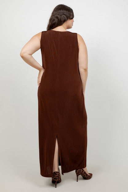 Vikki Vi Classic Bronze Jewel Neckline Maxi Dress