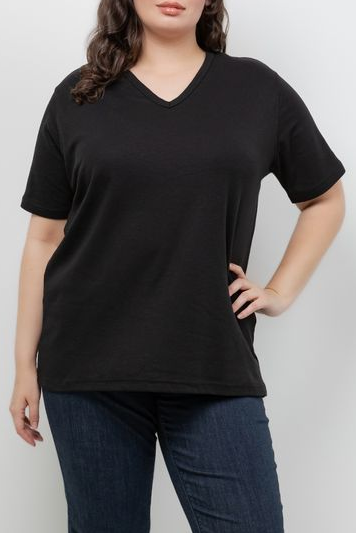 Tops Black Cotton V Neck Tee