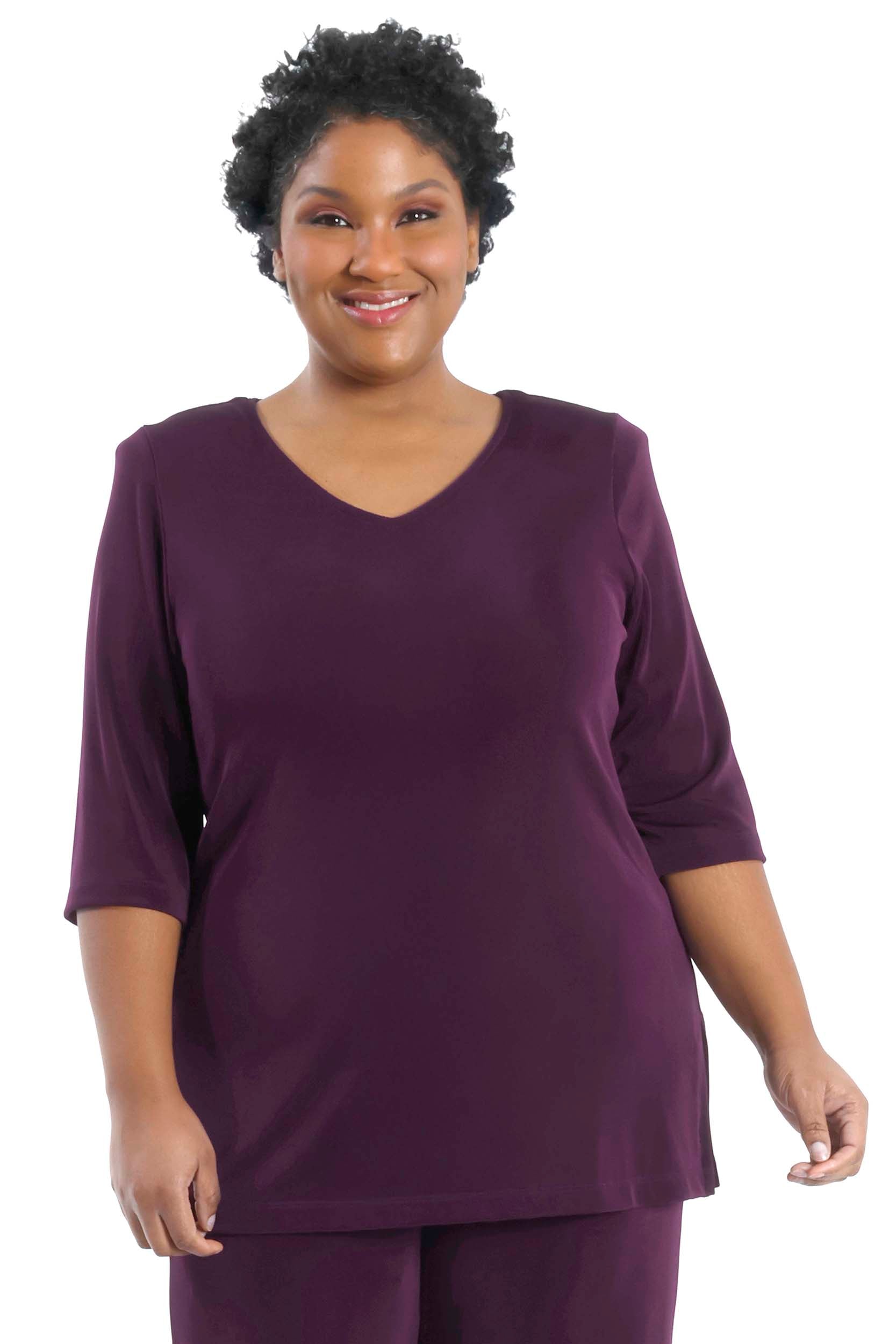 Tops Vikki Vi Classic Boysenberry V-Neck 3/4 Sleeve Tunic