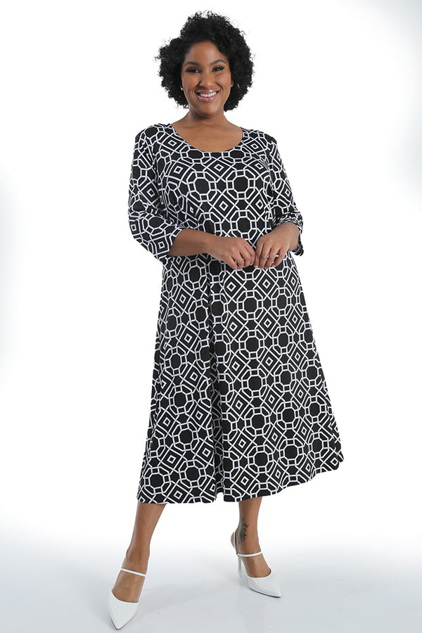 Vikki Vi Jersey Stage Geo 3/4 Sleeve A-Line Dress