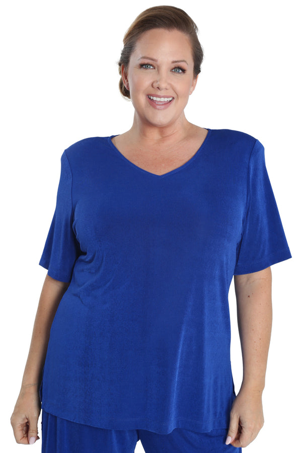 Vikki Vi Silky Classic Royal V-Neck Short Sleeve Tunic