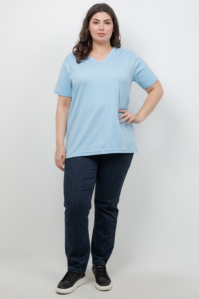 Tops Blue Cotton V Neck Tee