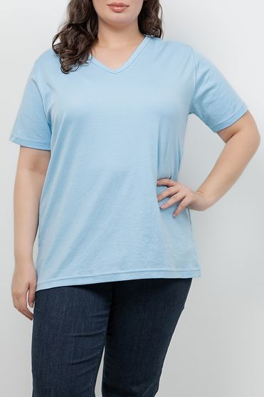 Tops Blue Cotton V Neck Tee
