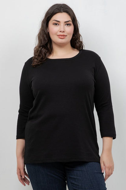 Tops Black Cotton 3/4 Sleeve Tee