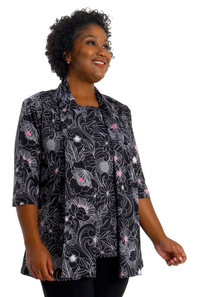 Vikki Vi Jersey Fuchsia Floral 3/4 Sleeve Kimono Jacket