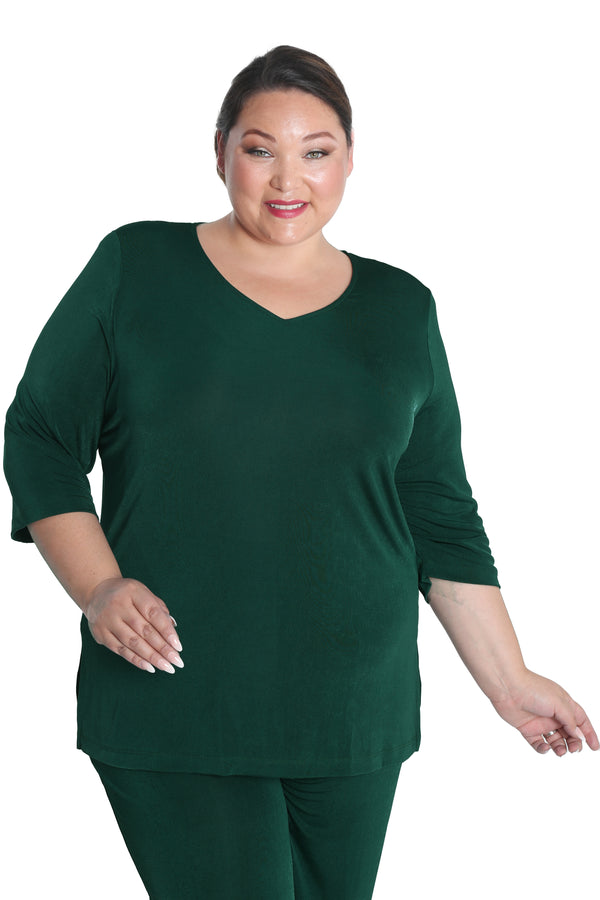 Vikki Vi Silky Classic Hunter Green V-Neck 3/4 Sleeve Tunic