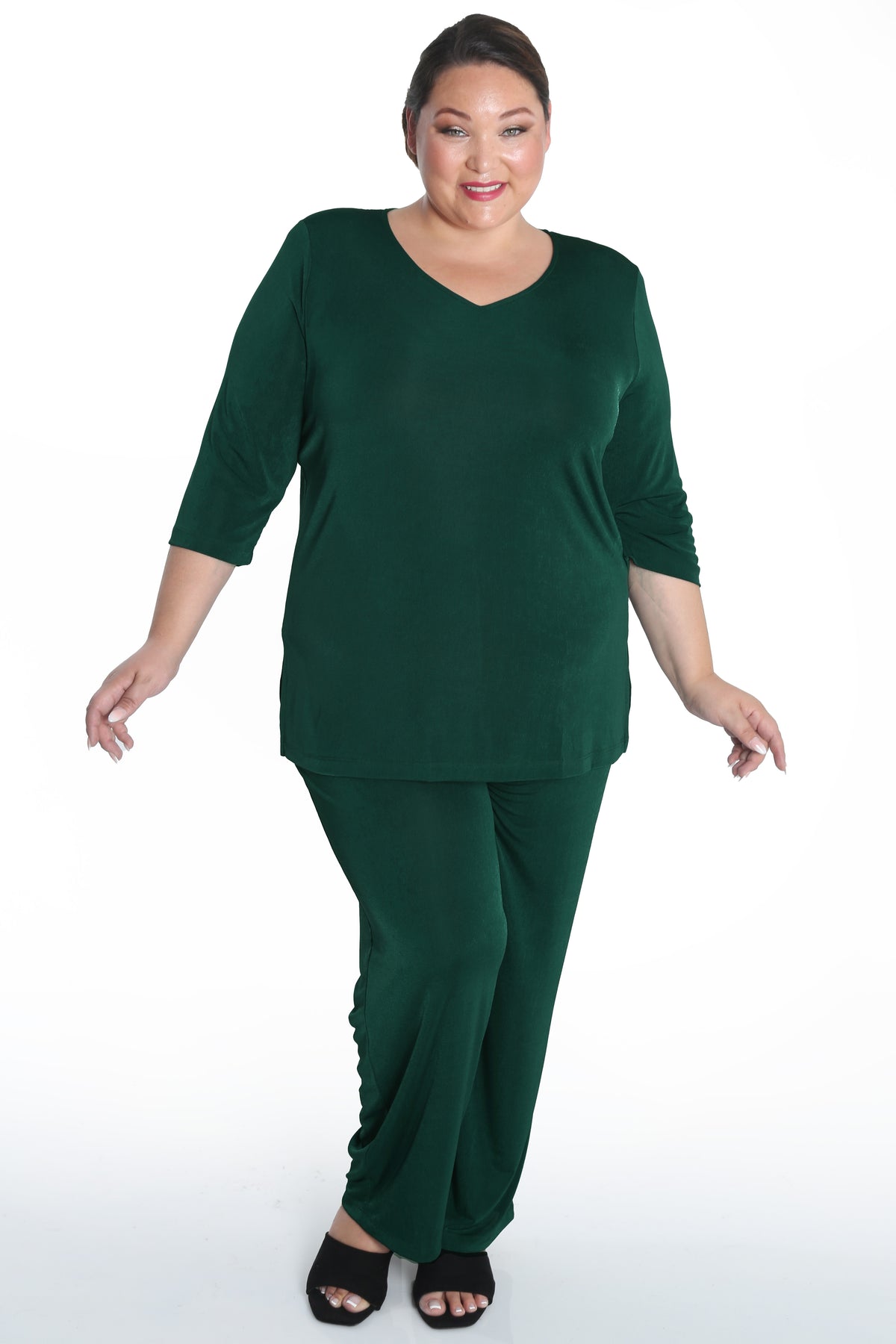 Tops Vikki Vi Silky Classic Hunter Green V-Neck 3/4 Sleeve Tunic