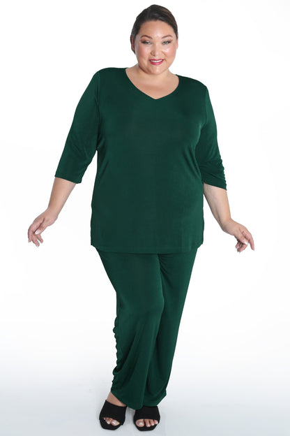 Tops Vikki Vi Silky Classic Hunter Green V-Neck 3/4 Sleeve Tunic