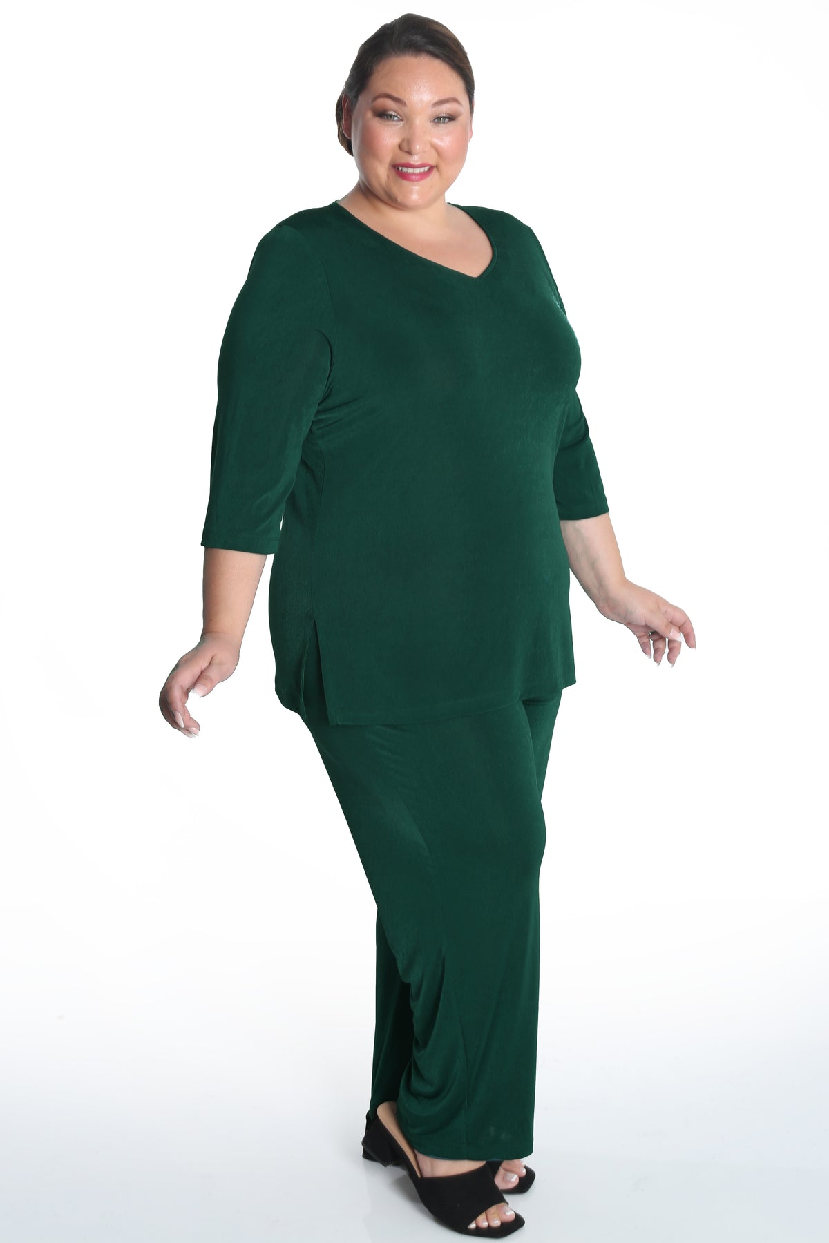 Tops Vikki Vi Silky Classic Hunter Green V-Neck 3/4 Sleeve Tunic