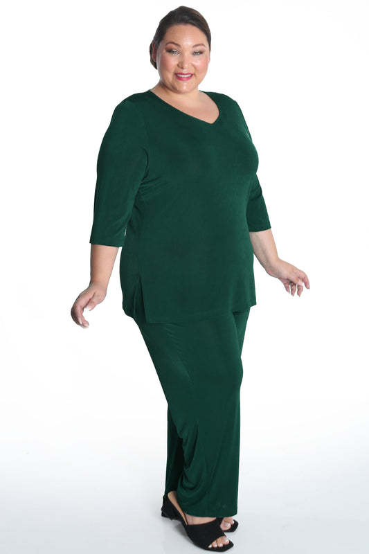 Tops Vikki Vi Silky Classic Hunter Green V-Neck 3/4 Sleeve Tunic