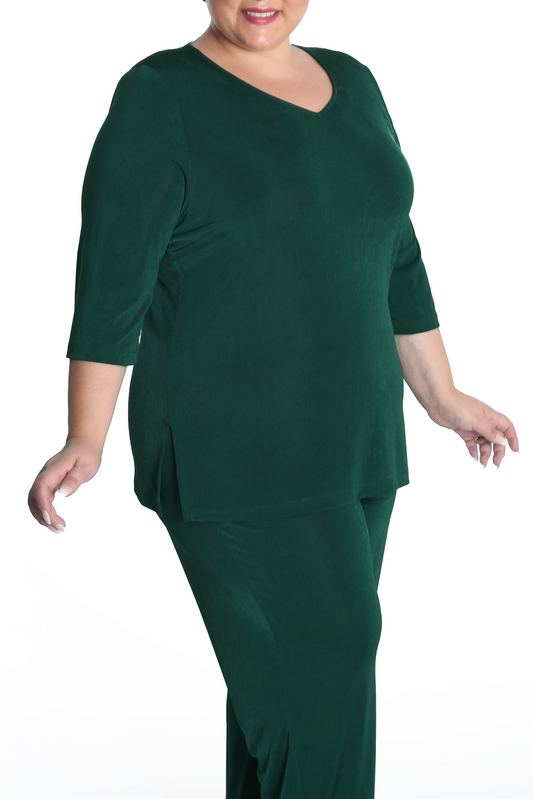 Tops Vikki Vi Silky Classic Hunter Green V-Neck 3/4 Sleeve Tunic