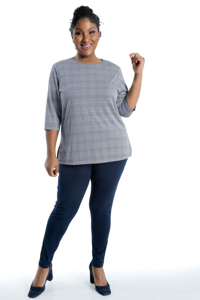 Vikki Vi Navy Plaid 3/4 Sleeve Top