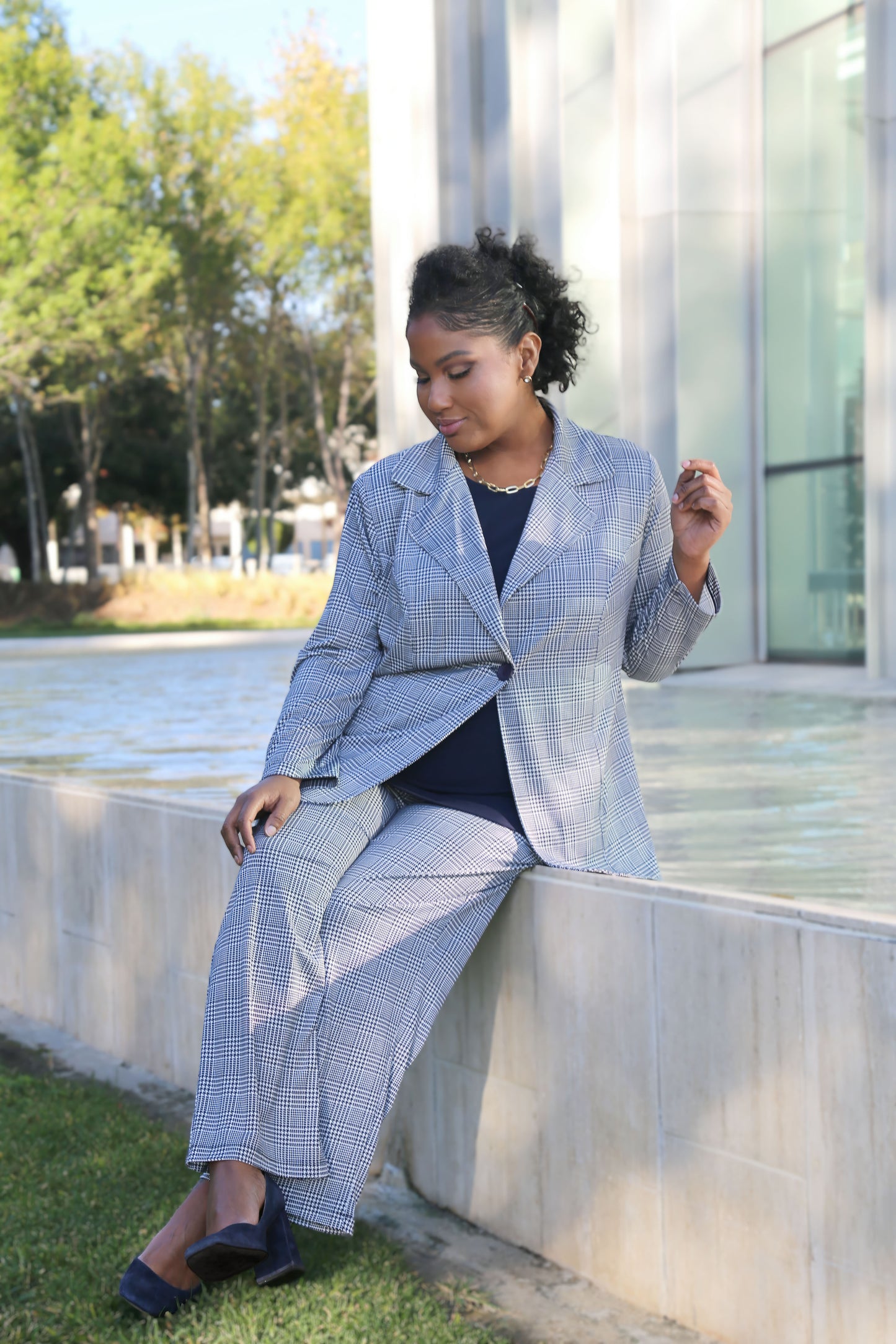 Pants Vikki Vi Navy Plaid Petite Pull-On Pant