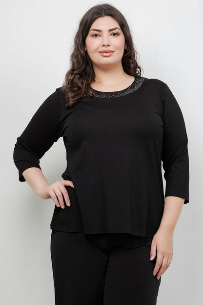 Tops Round Neck Sparkle 3/4 Sleeve Top