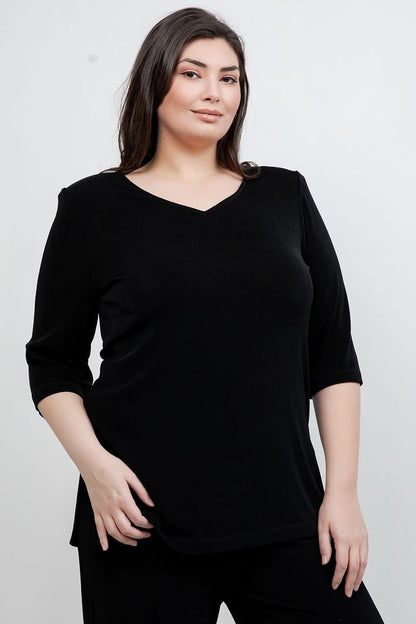 Tops Vikki Vi Classic Black V-Neck 3/4 Sleeve Tunic