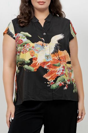 Fans Cranes Pines Silk Cap Sleeve Blouse