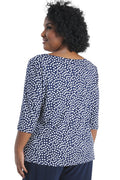 Vikki Vi Jersey Navy and Ivory Random Dot Deep Scoop Neck Top