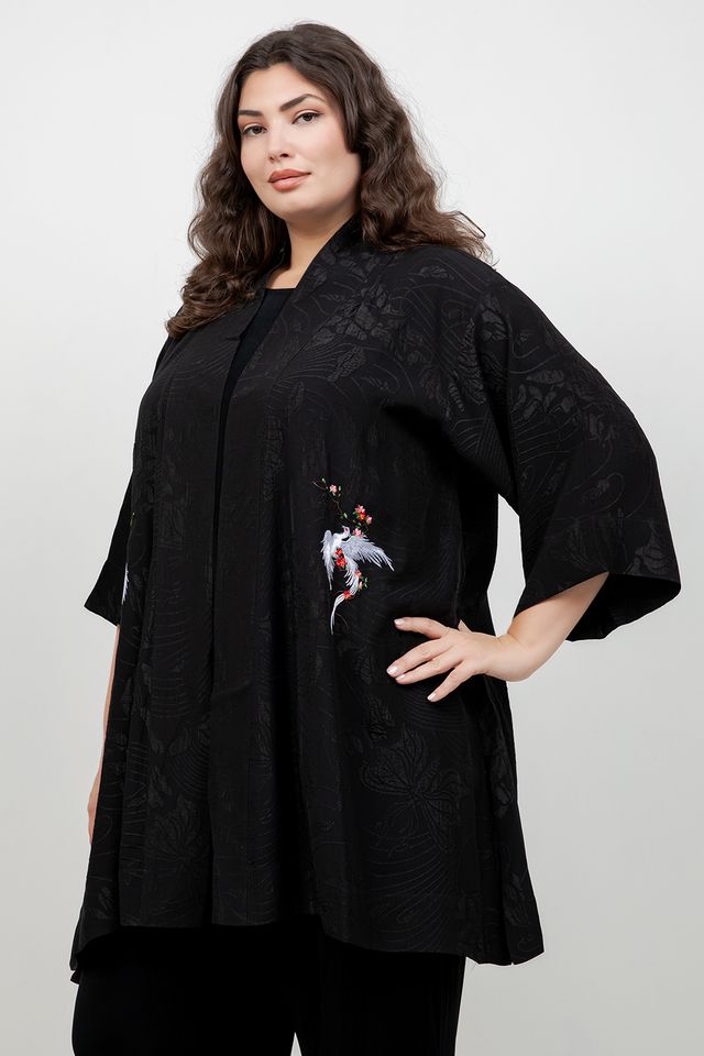 Black Embroidery Phoenix Silk Kimono Jacket
