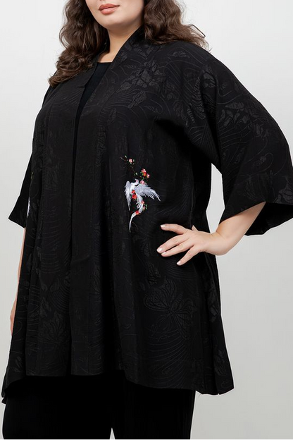 Open Front Kimono Black Embroidery Phoenix Silk Kimono Jacket