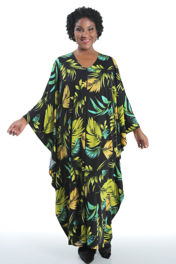 Vikki Vi Jersey Lime Palm Zip Front Caftan