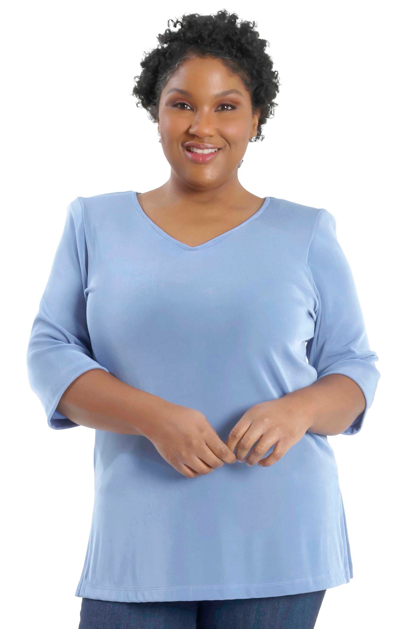 Tops Vikki Vi Classic Powder Blue V-Neck 3/4 Sleeve Tunic