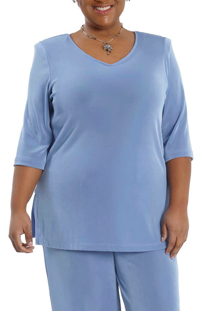 Tops Vikki Vi Classic Powder Blue V-Neck 3/4 Sleeve Tunic
