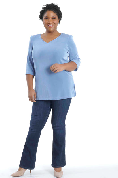 Tops Vikki Vi Classic Powder Blue V-Neck 3/4 Sleeve Tunic