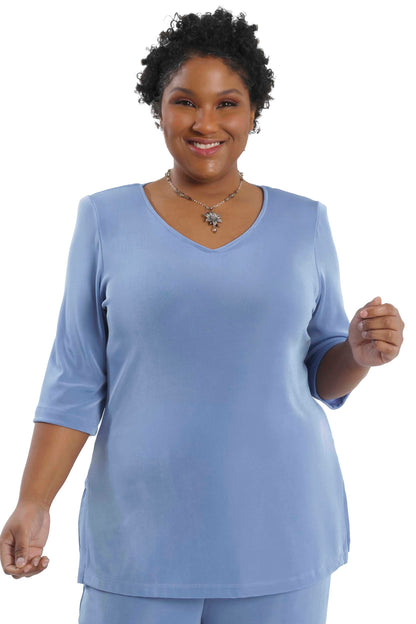Tops Vikki Vi Classic Powder Blue V-Neck 3/4 Sleeve Tunic