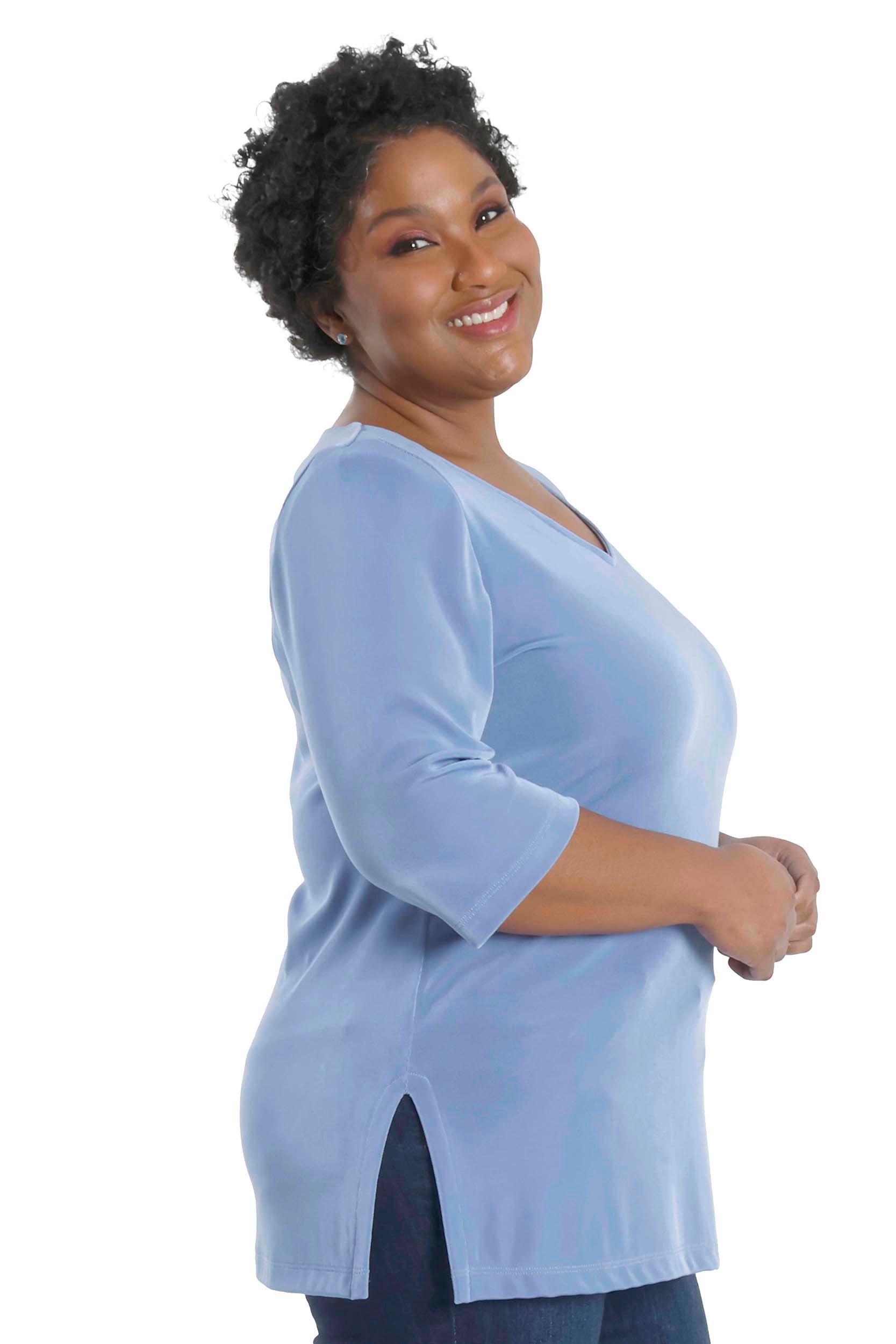 Tops Vikki Vi Classic Powder Blue V-Neck 3/4 Sleeve Tunic