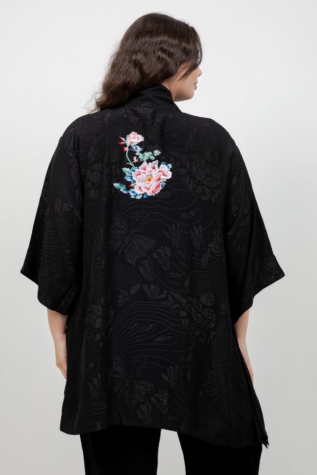Black Embroidery Phoenix Silk Kimono Jacket