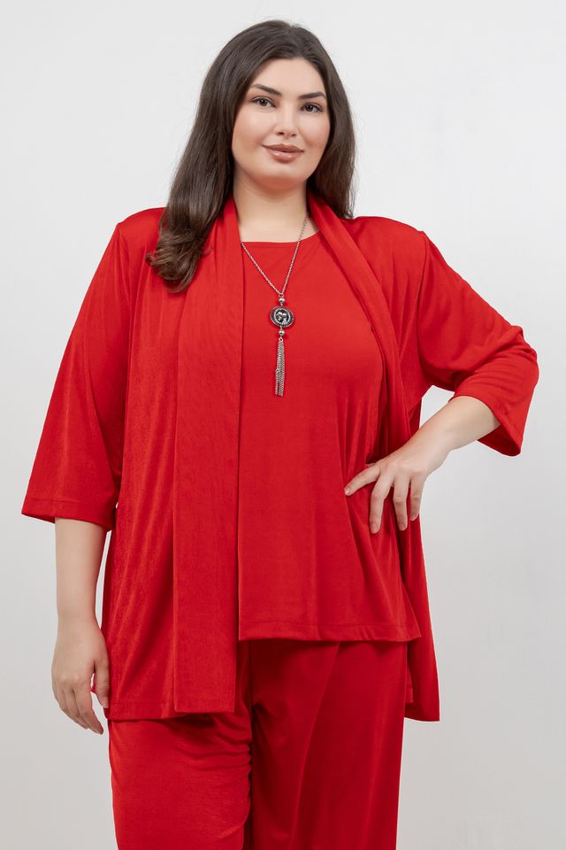 Jackets Vikki Vi Silky Classic Red 3/4 Sleeve Kimono Jacket