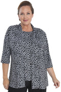 Vikki Vi Jersey Black and Ivory Random Dots 3/4 Sleeve Kimono Jacket