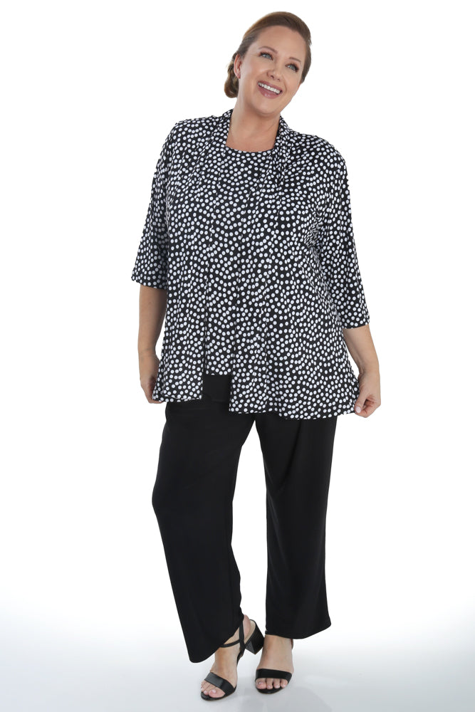 Jackets Vikki Vi Jersey Black and Ivory Random Dots 3/4 Sleeve Kimono Jacket