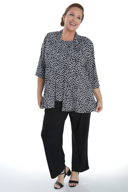Jackets Vikki Vi Jersey Black and Ivory Random Dots 3/4 Sleeve Kimono Jacket