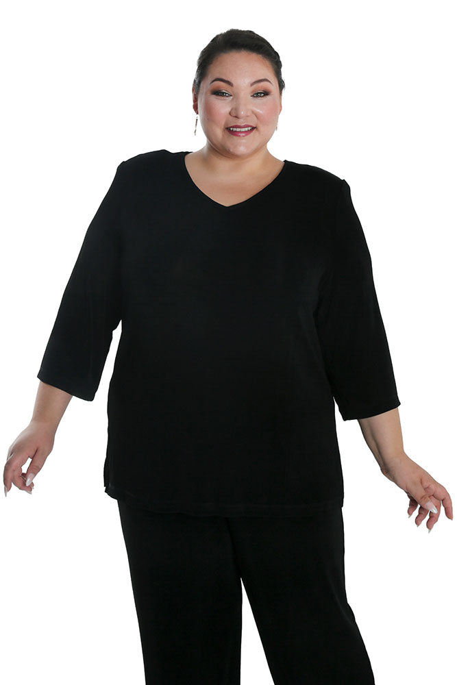 Tops Vikki Vi Classic Black V-Neck 3/4 Sleeve Tunic