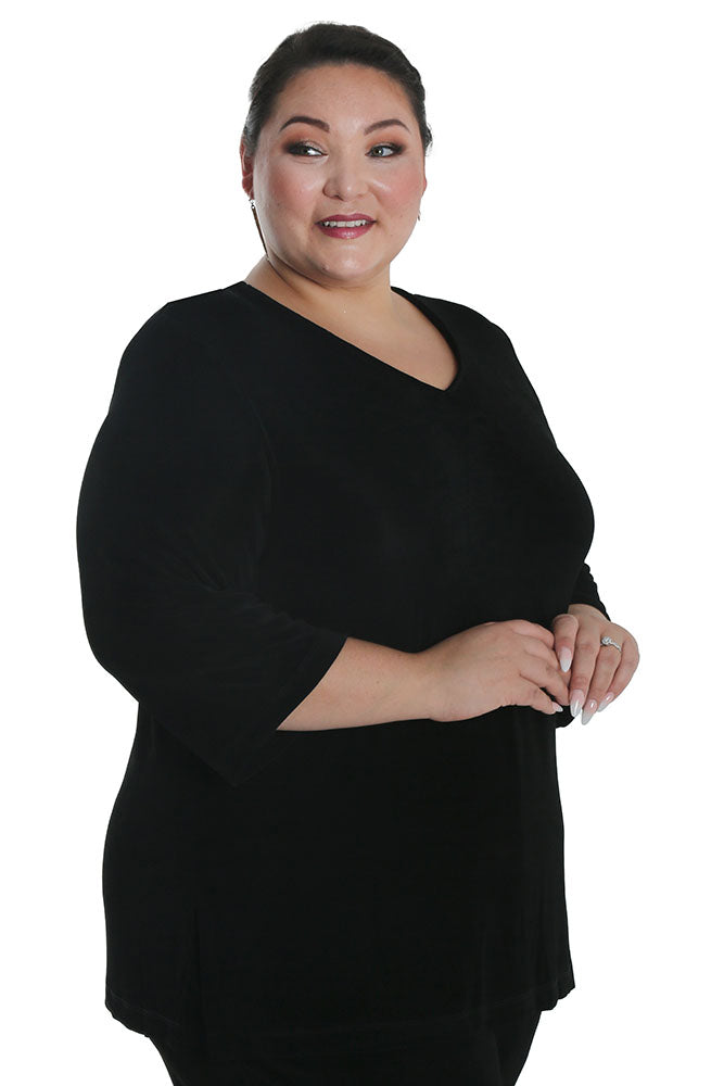 Tops Vikki Vi Classic Black V-Neck 3/4 Sleeve Tunic