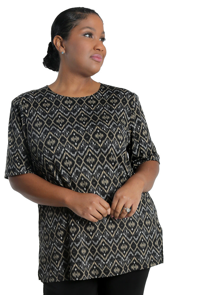 Tops Vikki Vi Jersey Gold Ikat Short Sleeve Tunic